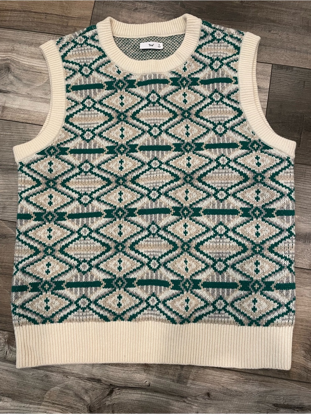 Aritzia TNA 100% Merino Wool Fair Isle Geometric Sweater Vest Green Cream M